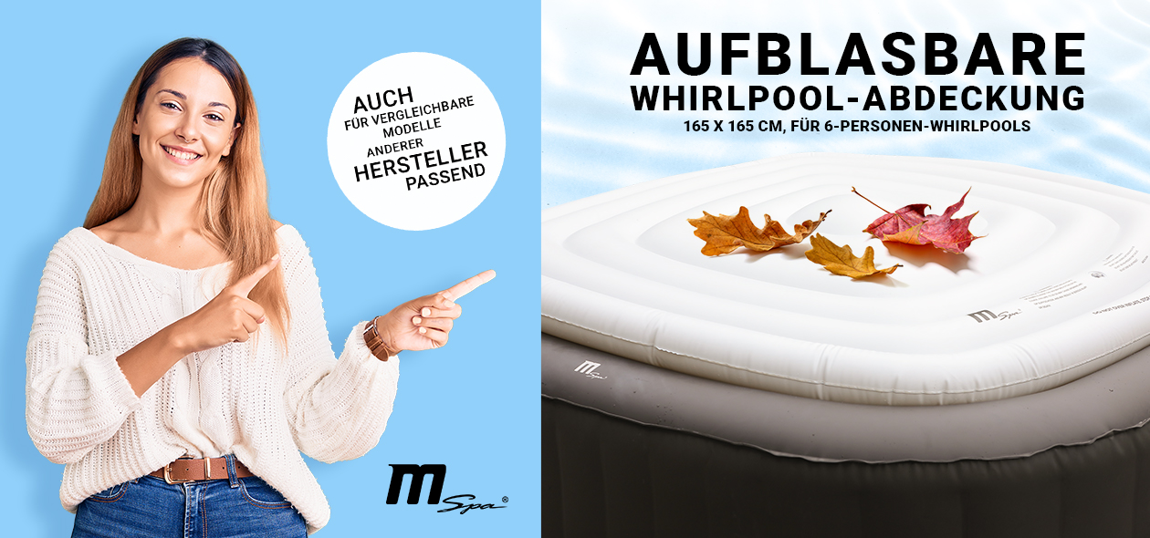 Frau deutet auf	aufblasbare Whirlpool-Abdeckung, diese hält Blätter vom Poolinneren fern